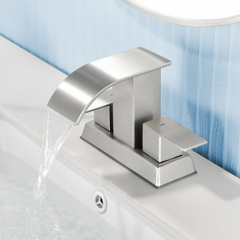 2 Handle Vanity Faucet Deck Mounted Waterfall 4 In. Centerset Double-Handle Bathroom Faucet 1.2GPM with Sink Drain Stopper deck-mounted-waterfall-dual-handle-4-inch-centerset-bathroom-faucets-1-2gpm-with-sink-drain-dtopper Brushed Nickel / SUS304 / 11.6*8.7*6.5 inches