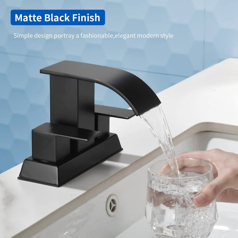 2 Handle Vanity Faucet Deck Mounted Waterfall 4 In. Centerset Double-Handle Bathroom Faucet 1.2GPM with Sink Drain Stopper deck-mounted-waterfall-dual-handle-4-inch-centerset-bathroom-faucets-1-2gpm-with-sink-drain-dtopper 