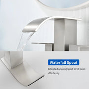 2 Handle Vanity Faucet Deck Mounted Waterfall 4 In. Centerset Double-Handle Bathroom Faucet 1.2GPM with Sink Drain Stopper deck-mounted-waterfall-dual-handle-4-inch-centerset-bathroom-faucets-1-2gpm-with-sink-drain-dtopper 