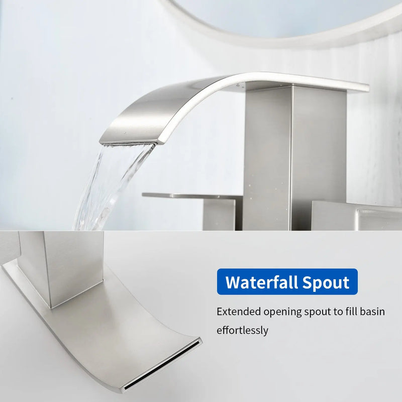 2 Handle Vanity Faucet Deck Mounted Waterfall 4 In. Centerset Double-Handle Bathroom Faucet 1.2GPM with Sink Drain Stopper deck-mounted-waterfall-dual-handle-4-inch-centerset-bathroom-faucets-1-2gpm-with-sink-drain-dtopper 