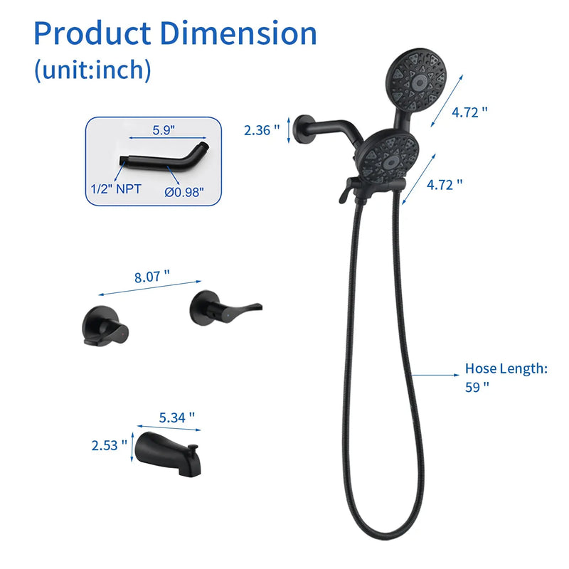2 Handles Tub and Shower Faucet Set 6-Function High Pressure Dual Shower System with Tub Spout 2-handle-6-function-tub-shower-faucet 
