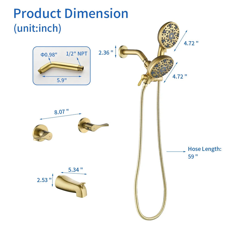 2 Handles Tub and Shower Faucet Set 6-Function High Pressure Dual Shower System with Tub Spout 2-handle-6-function-tub-shower-faucet 