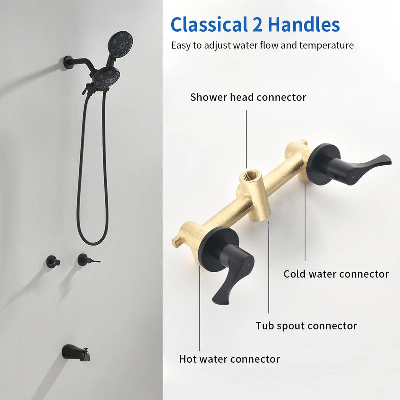2 Handles Tub and Shower Faucet Set 6-Function High Pressure Dual Shower System with Tub Spout 2-handle-6-function-tub-shower-faucet 