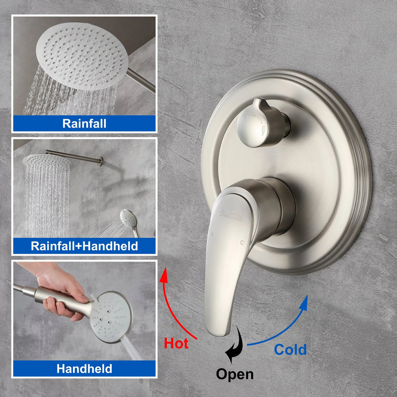 2 Way Shower System with 12 inch Round Overhead Shower and 5-Setting Handheld Shower Head luxury-shower-faucet-set-shower-system-with-high-pressure-12-rain-shower-head-and-5-setting-handheld-shower-headround-in-valve-and-trim-included-wall-mounted-black-88040b-12 