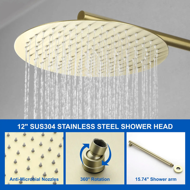 2 Way Shower System with 12 inch Round Overhead Shower and 5-Setting Handheld Shower Head luxury-shower-faucet-set-shower-system-with-high-pressure-12-rain-shower-head-and-5-setting-handheld-shower-headround-in-valve-and-trim-included-wall-mounted-black-88040b-12 