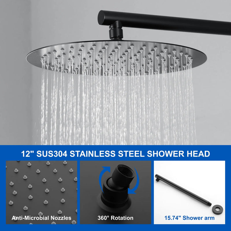 2 Way Shower System with 12 inch Round Overhead Shower and 5-Setting Handheld Shower Head luxury-shower-faucet-set-shower-system-with-high-pressure-12-rain-shower-head-and-5-setting-handheld-shower-headround-in-valve-and-trim-included-wall-mounted-black-88040b-12 
