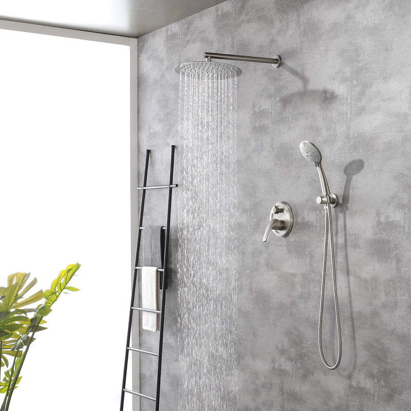 2 Way Shower System with 12 inch Round Overhead Shower and 5-Setting Handheld Shower Head luxury-shower-faucet-set-shower-system-with-high-pressure-12-rain-shower-head-and-5-setting-handheld-shower-headround-in-valve-and-trim-included-wall-mounted-black-88040b-12 