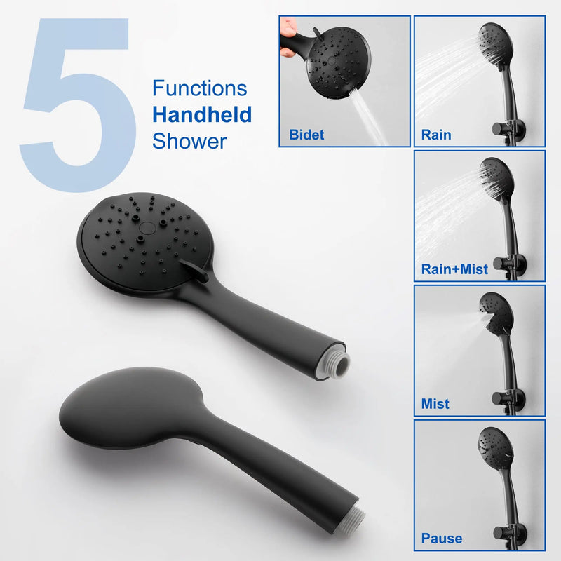 2 Way Shower System with 12 inch Round Overhead Shower and 5-Setting Handheld Shower Head luxury-shower-faucet-set-shower-system-with-high-pressure-12-rain-shower-head-and-5-setting-handheld-shower-headround-in-valve-and-trim-included-wall-mounted-black-88040b-12 