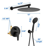 2 Way Shower System with 12 inch Round Overhead Shower and 5-Setting Handheld Shower Head luxury-shower-faucet-set-shower-system-with-high-pressure-12-rain-shower-head-and-5-setting-handheld-shower-headround-in-valve-and-trim-included-wall-mounted-black-88040b-12 