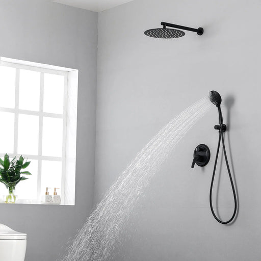 2 Way Shower System with 12 inch Round Overhead Shower and 5-Setting Handheld Shower Head luxury-shower-faucet-set-shower-system-with-high-pressure-12-rain-shower-head-and-5-setting-handheld-shower-headround-in-valve-and-trim-included-wall-mounted-black-88040b-12 