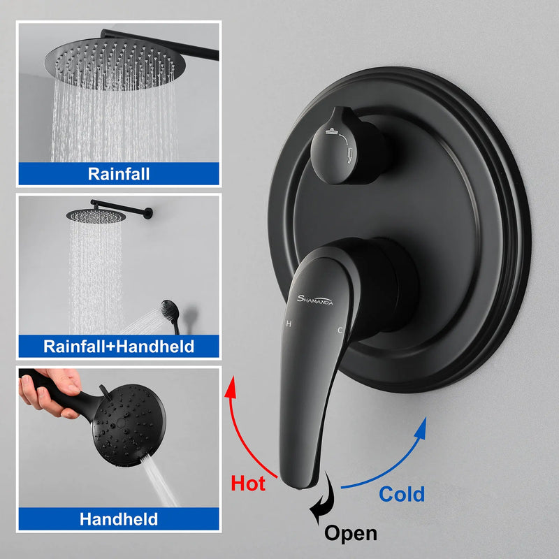 2 Way Shower System with 12 inch Round Overhead Shower and 5-Setting Handheld Shower Head luxury-shower-faucet-set-shower-system-with-high-pressure-12-rain-shower-head-and-5-setting-handheld-shower-headround-in-valve-and-trim-included-wall-mounted-black-88040b-12 