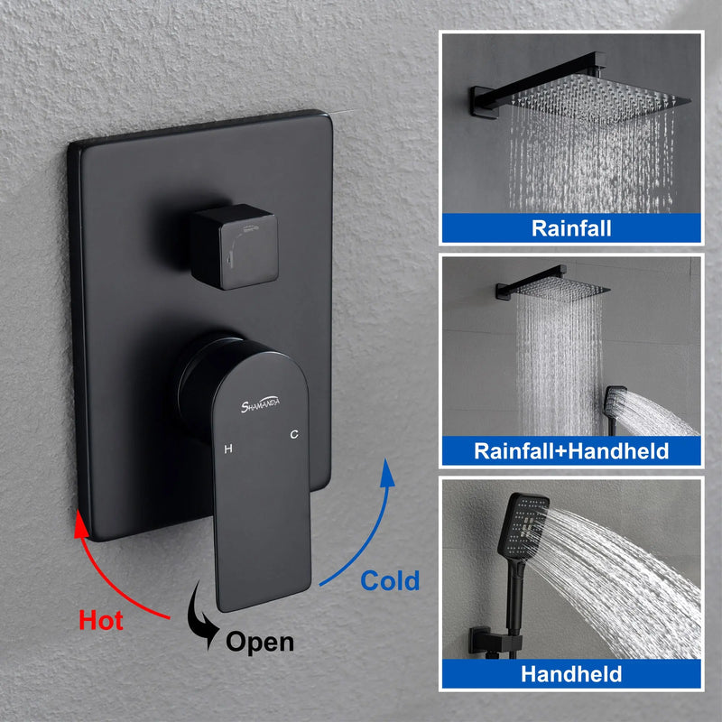 2 Way Wall-Mounted Shower Faucet Set for Bathroom with 10-inch rain shower head & 3 Modes Handheld Shower, Matte Black shamanda-10-inch-shower-system-matte-black 