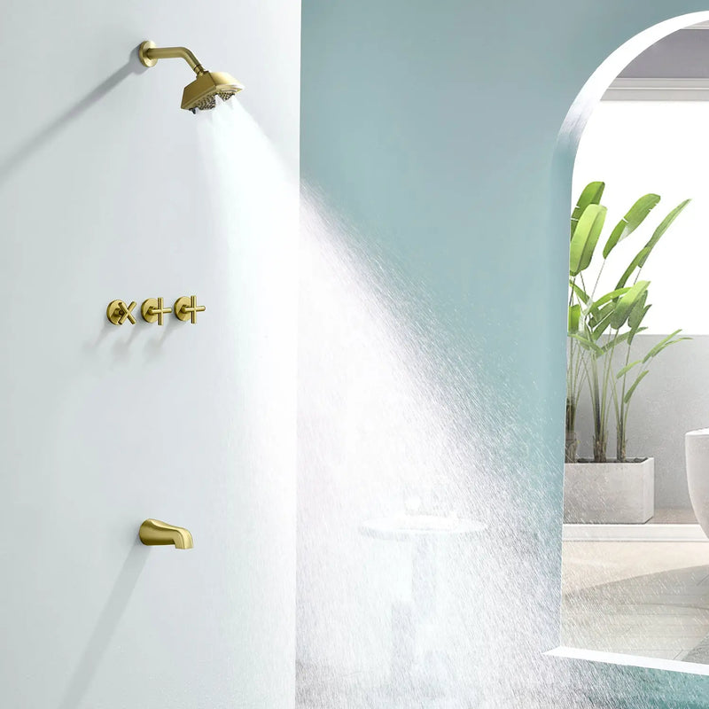 3-Handle Tub Shower Trim Kit with Rough-in Valve, 5 Settings Headshower Faucet Set with Tub Spout 3-handle-tub-shower-trim-kit-with-rough-in-valve-5-settings-headshower-faucet-set-with-tub-spout Brushed Gold / Brass & SUS304 & ABS / 15.55*9.06*5.31inches