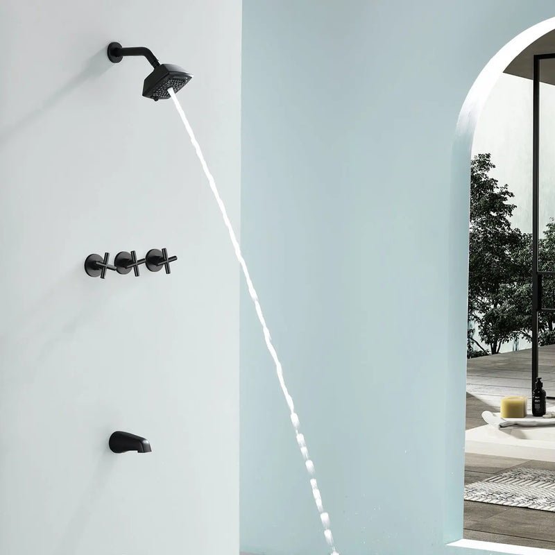 3-Handle Tub Shower Trim Kit with Rough-in Valve, 5 Settings Headshower Faucet Set with Tub Spout 3-handle-tub-shower-trim-kit-with-rough-in-valve-5-settings-headshower-faucet-set-with-tub-spout Matte Black / Brass & SUS304 & ABS / 15.55*9.06*5.31inches
