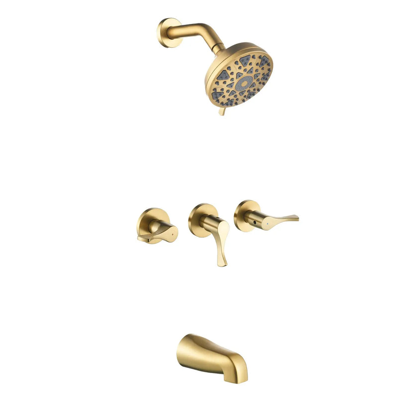 3-Handle Tub & Shower Trim with Tub Spout Wall Mounted 6-Spray 5-Inch Round Bathtub and Shower Faucet For Bathroom 3-handle-tub-shower-trim-with-tub-spout-wall-mounted-6-spray-5-inch-round-bathtub-and-shower-faucet-for-bathroom Brushed Gold / Brass & SUS304 & ABS / 17.3*10.1*5.4 inch