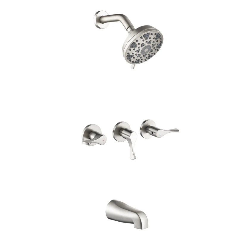3-Handle Tub & Shower Trim with Tub Spout Wall Mounted 6-Spray 5-Inch Round Bathtub and Shower Faucet For Bathroom 3-handle-tub-shower-trim-with-tub-spout-wall-mounted-6-spray-5-inch-round-bathtub-and-shower-faucet-for-bathroom Brushed Nickel / Brass & SUS304 & ABS / 17.3*10.1*5.4 inch