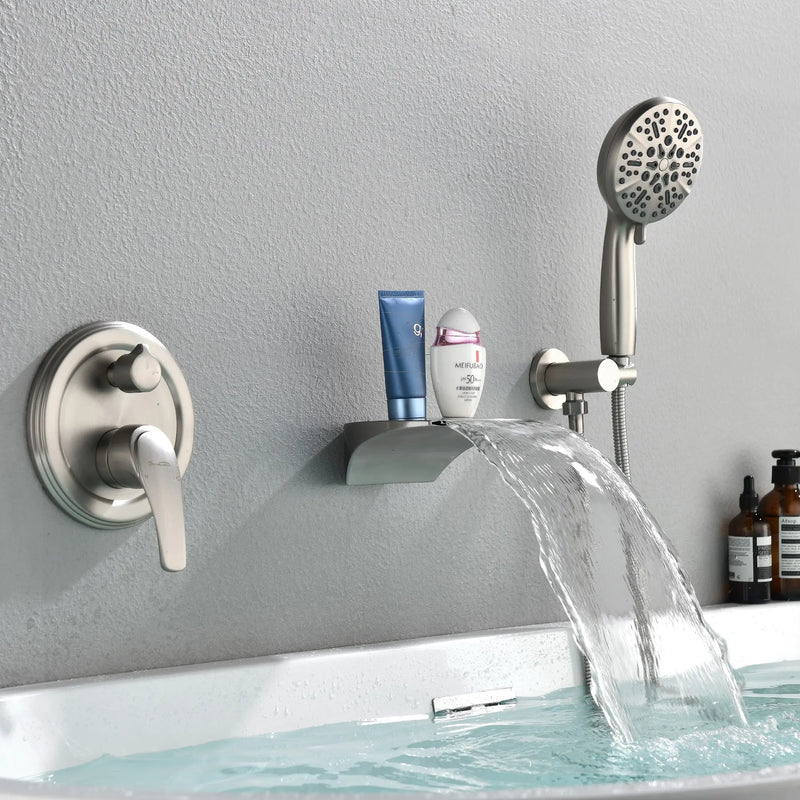 3-Hole Tub Faucet with 7-setting ABS Handheld Shower Wall Mount Waterfall Tub Filler Trim in Matte Black, Brushed Nickel, Brushed Gold roman-tub-faucet-with-handheld-shower 
