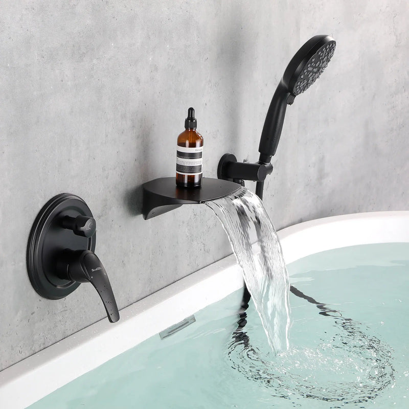 3-Hole Tub Faucet with 7-setting ABS Handheld Shower Wall Mount Waterfall Tub Filler Trim in Matte Black, Brushed Nickel, Brushed Gold roman-tub-faucet-with-handheld-shower 