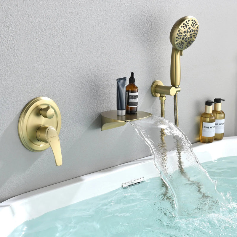 3-Hole Tub Faucet with 7-setting ABS Handheld Shower Wall Mount Waterfall Tub Filler Trim in Matte Black, Brushed Nickel, Brushed Gold roman-tub-faucet-with-handheld-shower Gold / Brass / 17.5* 10.2*5.4 inches