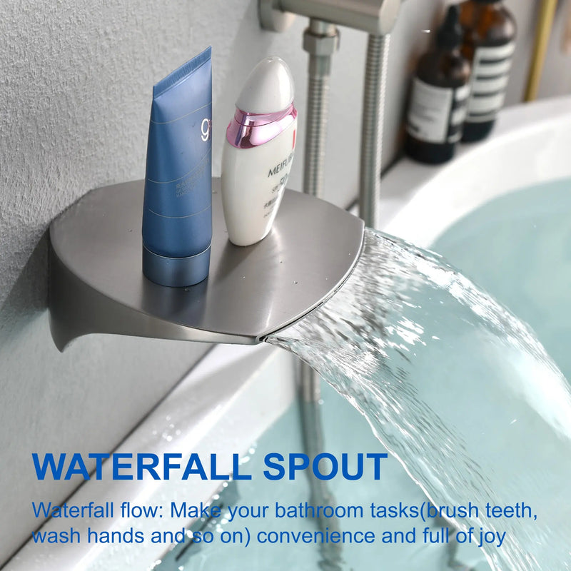 3-Hole Tub Faucet with 7-setting ABS Handheld Shower Wall Mount Waterfall Tub Filler Trim in Matte Black, Brushed Nickel, Brushed Gold roman-tub-faucet-with-handheld-shower 