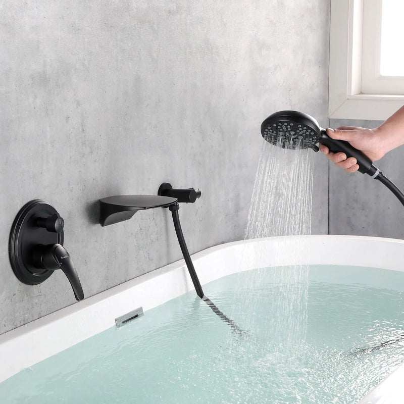 3-Hole Tub Faucet with 7-setting ABS Handheld Shower Wall Mount Waterfall Tub Filler Trim in Matte Black, Brushed Nickel, Brushed Gold roman-tub-faucet-with-handheld-shower 
