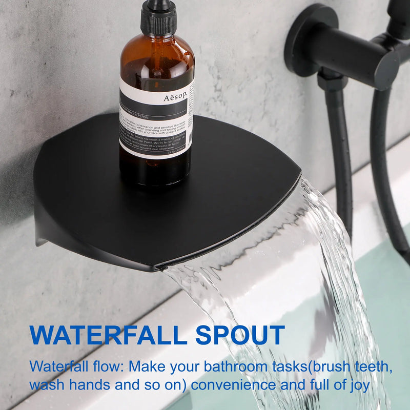 3-Hole Tub Faucet with 7-setting ABS Handheld Shower Wall Mount Waterfall Tub Filler Trim in Matte Black, Brushed Nickel, Brushed Gold roman-tub-faucet-with-handheld-shower 