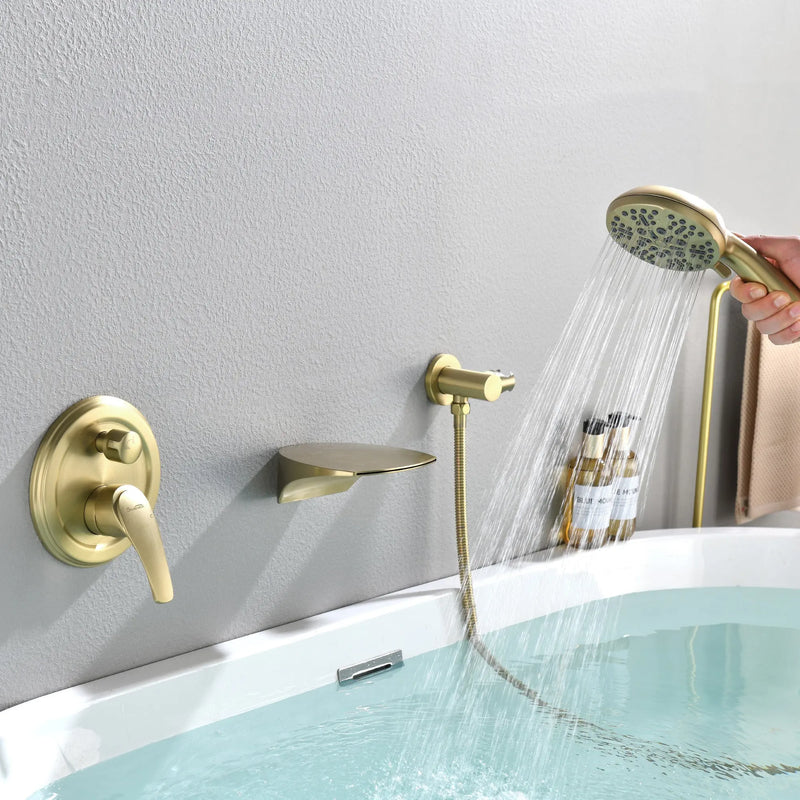 3-Hole Tub Faucet with 7-setting ABS Handheld Shower Wall Mount Waterfall Tub Filler Trim in Matte Black, Brushed Nickel, Brushed Gold roman-tub-faucet-with-handheld-shower 