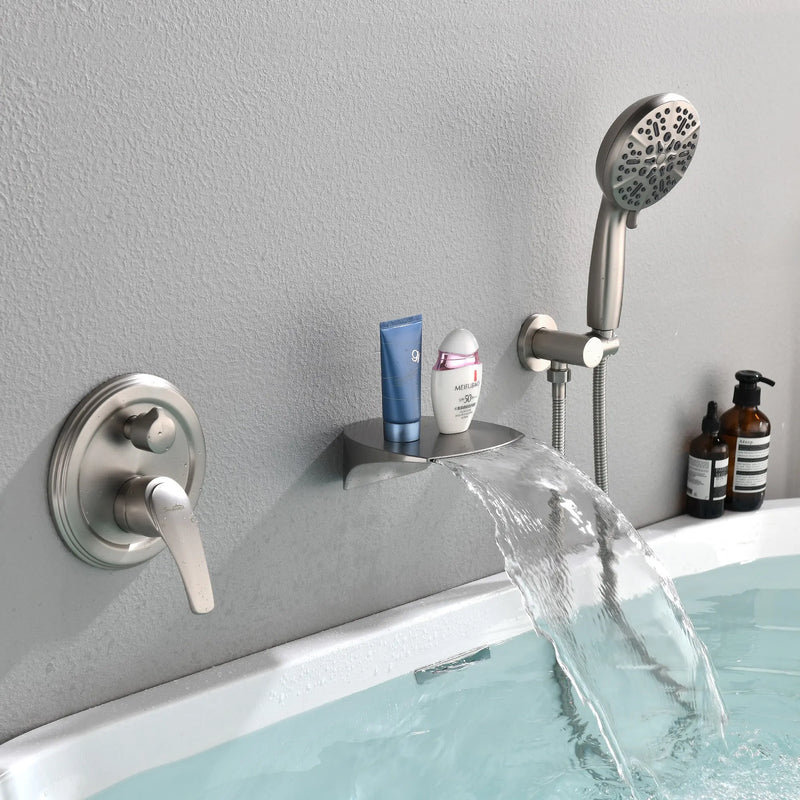 3-Hole Tub Faucet with 7-setting ABS Handheld Shower Wall Mount Waterfall Tub Filler Trim in Matte Black, Brushed Nickel, Brushed Gold roman-tub-faucet-with-handheld-shower Brushed Nickel / Brass / 17.5* 10.2*5.4 inches