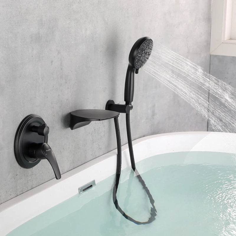 3-Hole Tub Faucet with 7-setting ABS Handheld Shower Wall Mount Waterfall Tub Filler Trim in Matte Black, Brushed Nickel, Brushed Gold roman-tub-faucet-with-handheld-shower 