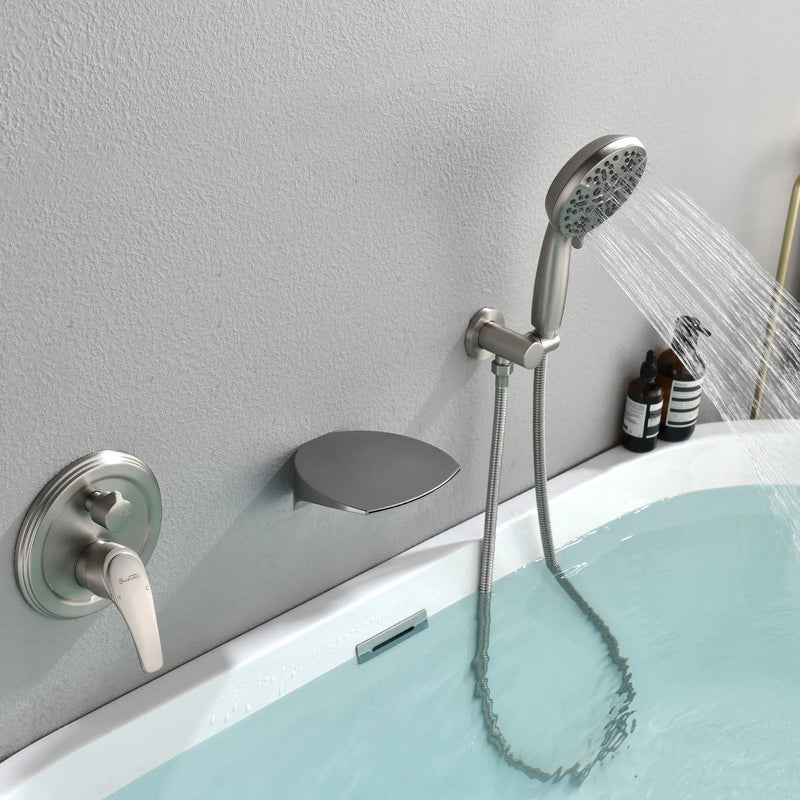 3-Hole Tub Faucet with 7-setting ABS Handheld Shower Wall Mount Waterfall Tub Filler Trim in Matte Black, Brushed Nickel, Brushed Gold roman-tub-faucet-with-handheld-shower 