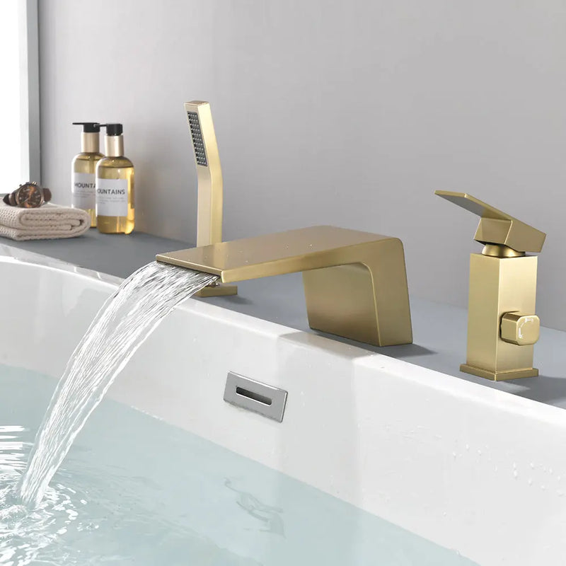 3-Holes Deck-Mount Tub Filler Trim Brass 1-Handle Waterfall Roman Tub Faucet with Hand Sprayer in Matte Black | Brushed Nickel | Brushed Gold brass-1-handle-deck-mounted-waterfall-roman-tub-faucet-with-sprayer-3-hole 