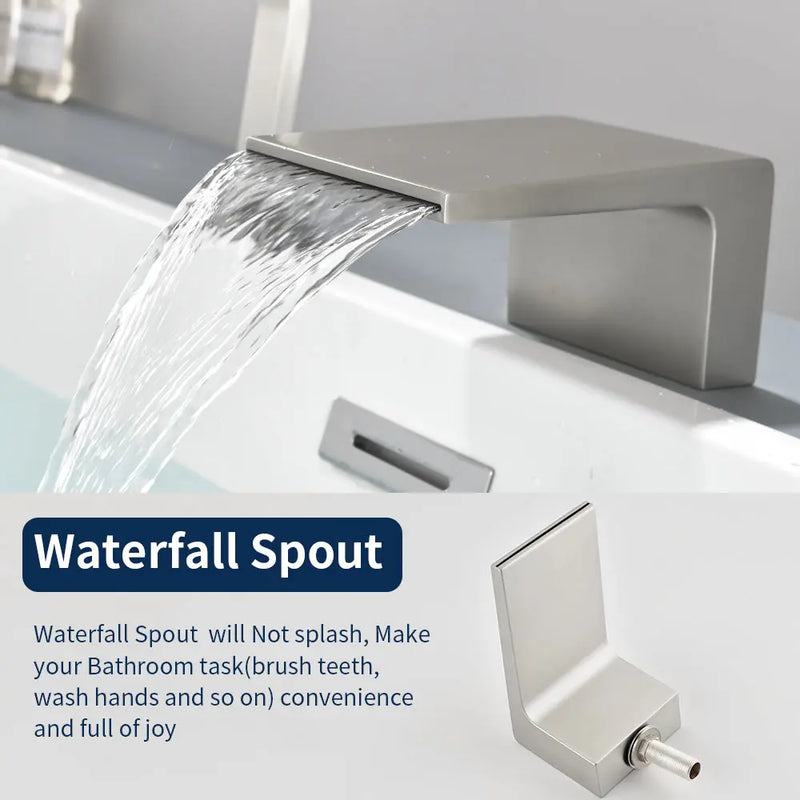 3-Holes Deck-Mount Tub Filler Trim Brass 1-Handle Waterfall Roman Tub Faucet with Hand Sprayer in Matte Black | Brushed Nickel | Brushed Gold brass-1-handle-deck-mounted-waterfall-roman-tub-faucet-with-sprayer-3-hole 