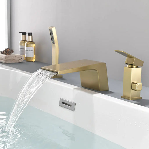 3-Holes Deck-Mount Tub Filler Trim Brass 1-Handle Waterfall Roman Tub Faucet with Hand Sprayer in Matte Black | Brushed Nickel | Brushed Gold brass-1-handle-deck-mounted-waterfall-roman-tub-faucet-with-sprayer-3-hole 