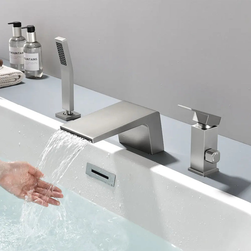 3-Holes Deck-Mount Tub Filler Trim Brass 1-Handle Waterfall Roman Tub Faucet with Hand Sprayer in Matte Black | Brushed Nickel | Brushed Gold brass-1-handle-deck-mounted-waterfall-roman-tub-faucet-with-sprayer-3-hole 