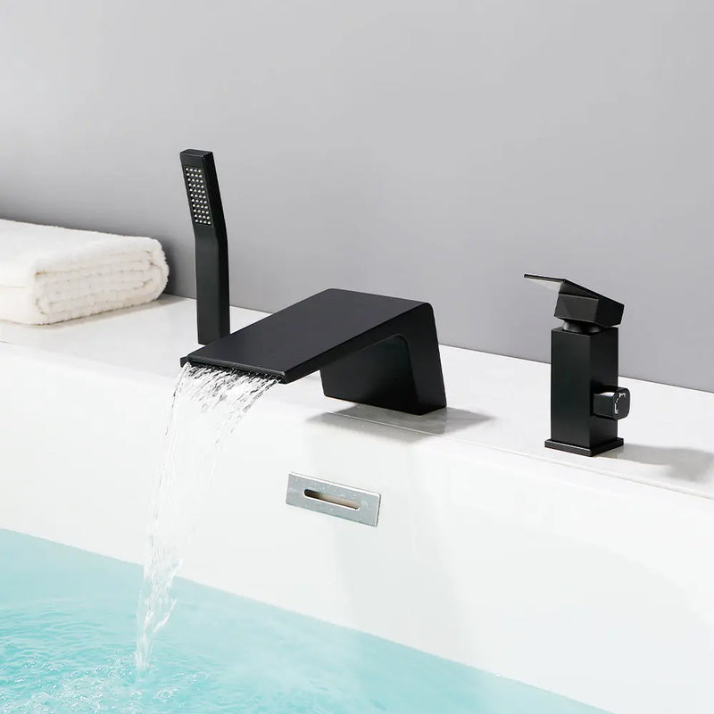 3-Holes Deck-Mount Tub Filler Trim Brass 1-Handle Waterfall Roman Tub Faucet with Hand Sprayer in Matte Black | Brushed Nickel | Brushed Gold brass-1-handle-deck-mounted-waterfall-roman-tub-faucet-with-sprayer-3-hole 