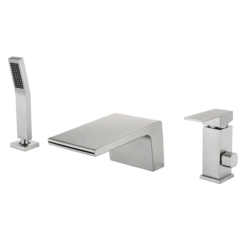 3-Holes Deck-Mount Tub Filler Trim Brass 1-Handle Waterfall Roman Tub Faucet with Hand Sprayer in Matte Black | Brushed Nickel | Brushed Gold brass-1-handle-deck-mounted-waterfall-roman-tub-faucet-with-sprayer-3-hole Brushed Nickel / Brass & SUS304 / 17.5*13.4*5.5 inches