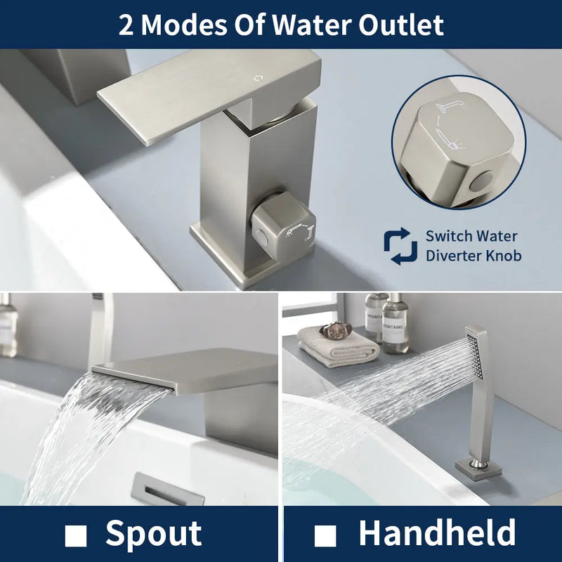 3-Holes Deck-Mount Tub Filler Trim Brass 1-Handle Waterfall Roman Tub Faucet with Hand Sprayer in Matte Black | Brushed Nickel | Brushed Gold brass-1-handle-deck-mounted-waterfall-roman-tub-faucet-with-sprayer-3-hole 