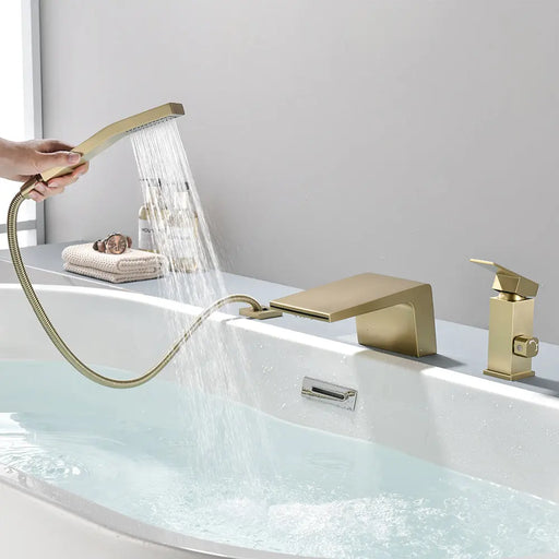 3-Holes Deck-Mount Tub Filler Trim Brass 1-Handle Waterfall Roman Tub Faucet with Hand Sprayer in Matte Black | Brushed Nickel | Brushed Gold brass-1-handle-deck-mounted-waterfall-roman-tub-faucet-with-sprayer-3-hole 
