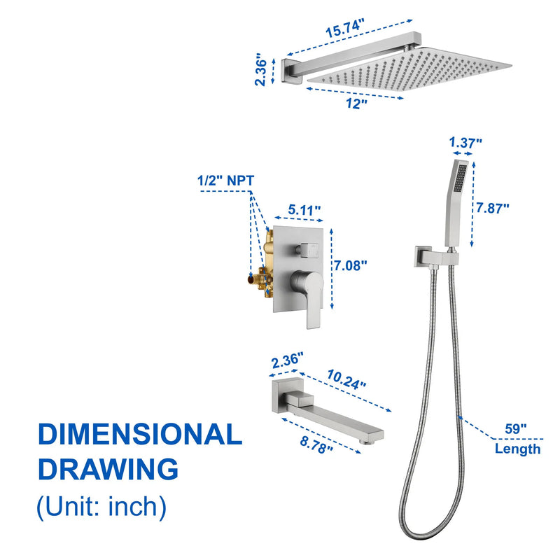 3-Way Bath and Shower Faucet 12" Rainfall Shower Head Faucet with Handheld Spray & 180 Degree Swivel Tub Spout Tap 3-way-mixer-12-rainfall-shower-head-faucet-tub-spout-tap-with-handheld-spray 