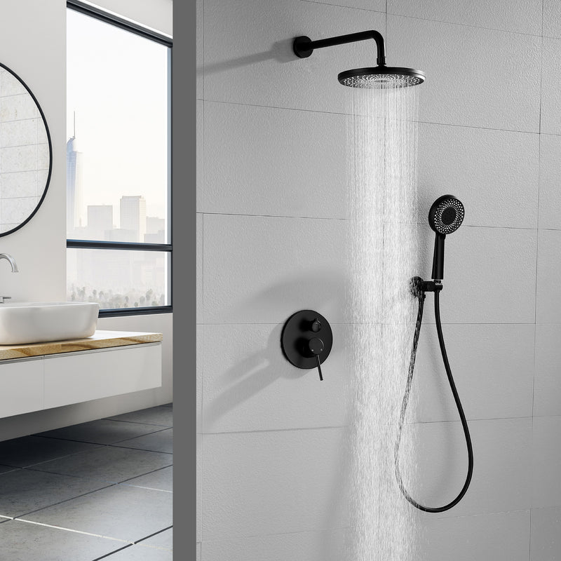 Wall Mount Round 2 way shower kit 9 inch ABS Shower Heads set with 6-spray Hand Shower in Matte Black