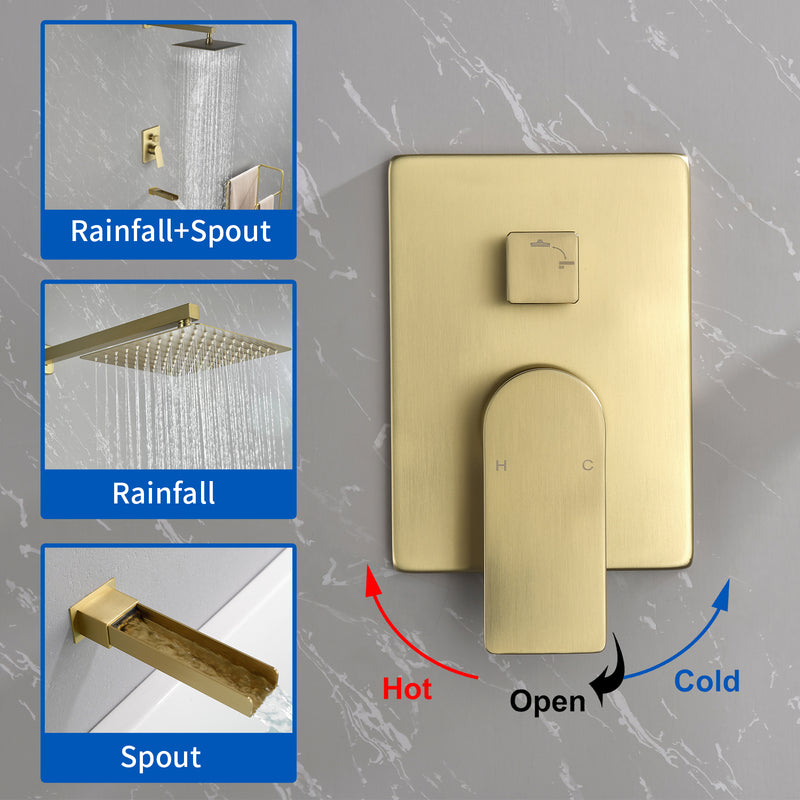 Wall Mounted Rainfall Bathroom Shower System 10 Inch square Rain Shower Head with Waterfall Spout