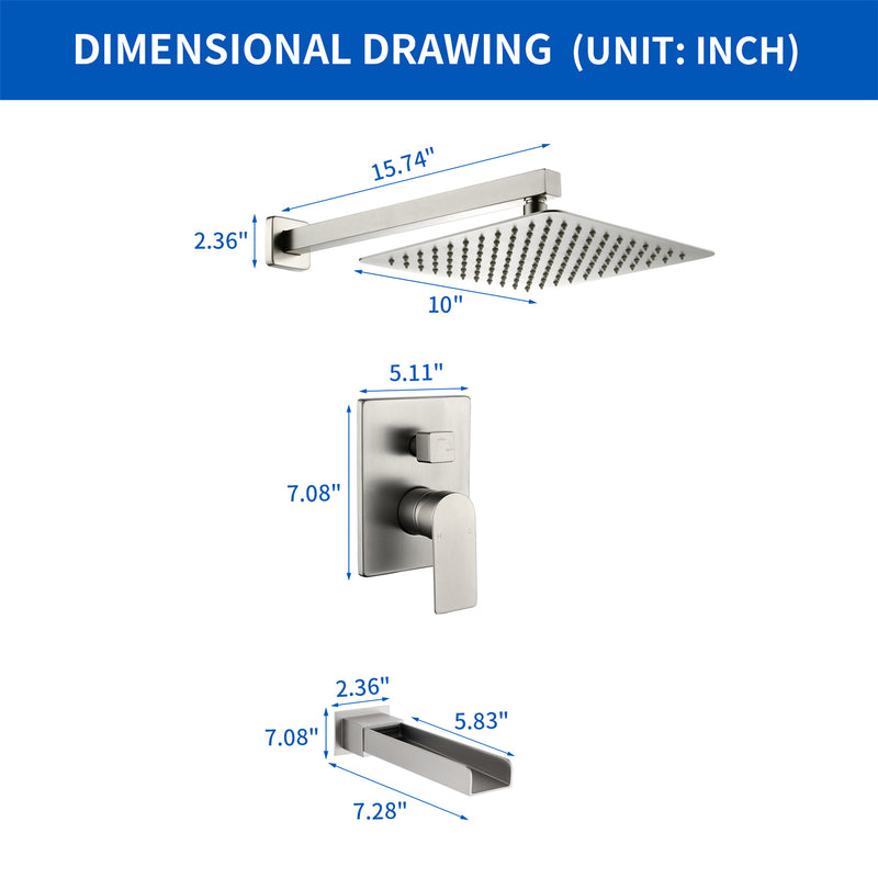 Wall Mounted Rainfall Bathroom Shower System 10 Inch square Rain Shower Head with Waterfall Spout