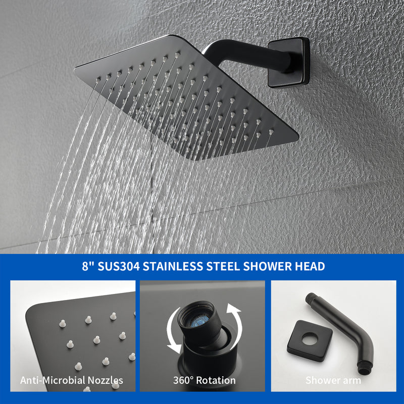 8" Square Rain Shower Head Systems with Waterfall Tub Spout,2 Functions Wall Mounted Shower Trim Kit