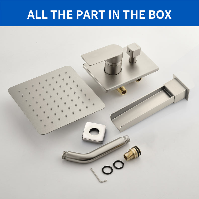8" Square Rain Shower Head Systems with Waterfall Tub Spout,2 Functions Wall Mounted Shower Trim Kit