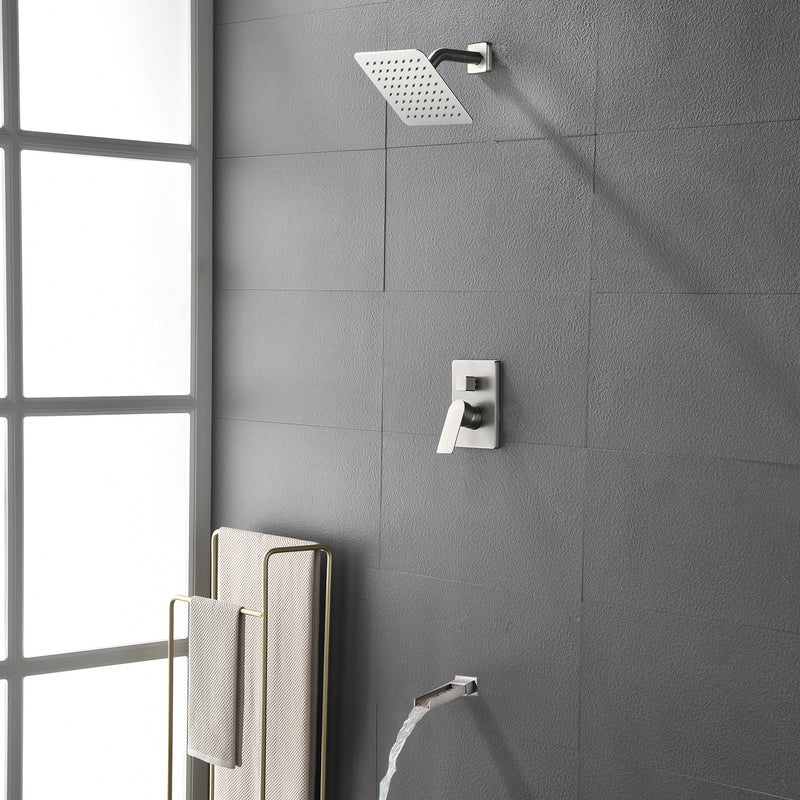 8" Square Rain Shower Head Systems with Waterfall Tub Spout,2 Functions Wall Mounted Shower Trim Kit
