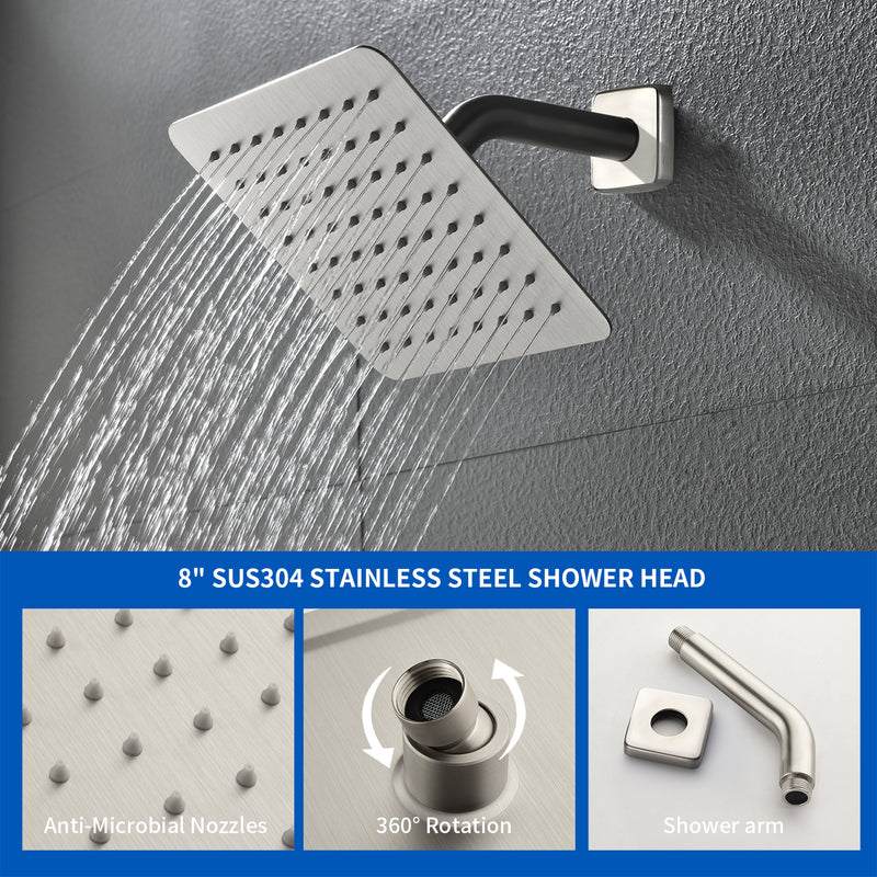 8" Square Rain Shower Head Systems with Waterfall Tub Spout,2 Functions Wall Mounted Shower Trim Kit