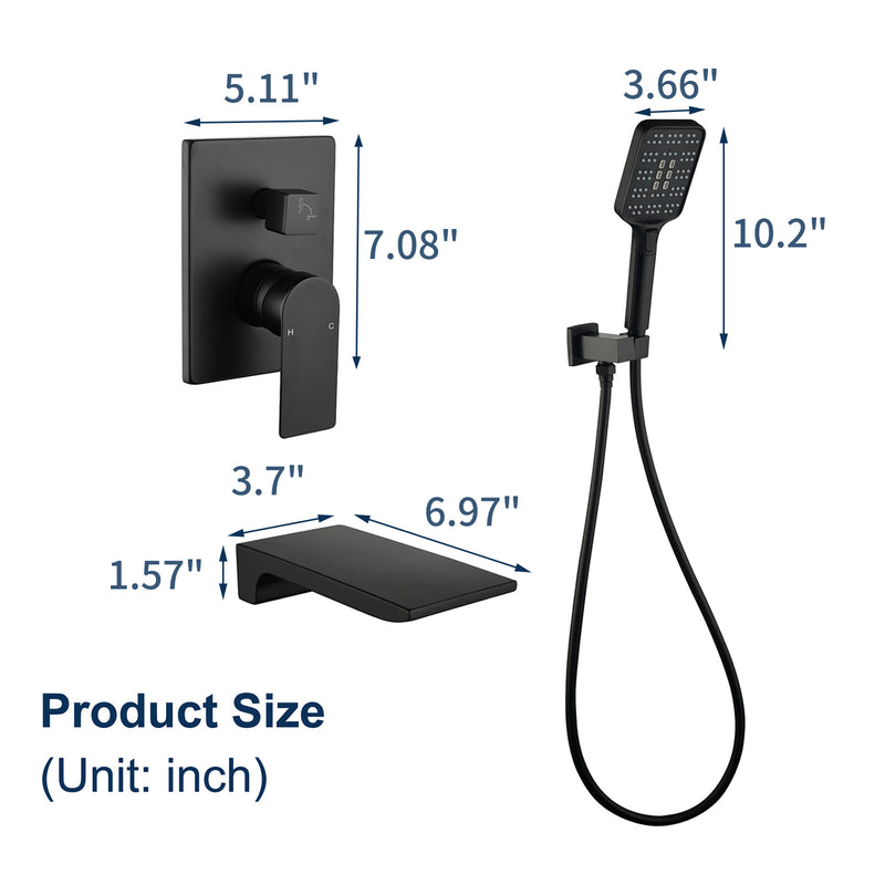 3 Piece Waterfall Wall Mount Bath Tub Filler Faucet with 3 Setting Handheld Sprayer