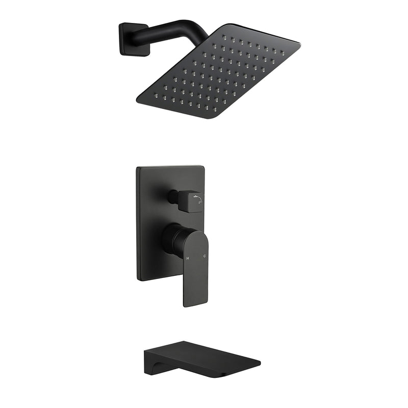 Bath and Shower Faucet Set with Pressure Balance Valve, 8 Inch Rain Shower Head and Waterfall Spout in Matte Black, Brushed Nickel, Brushed Gold Finish
