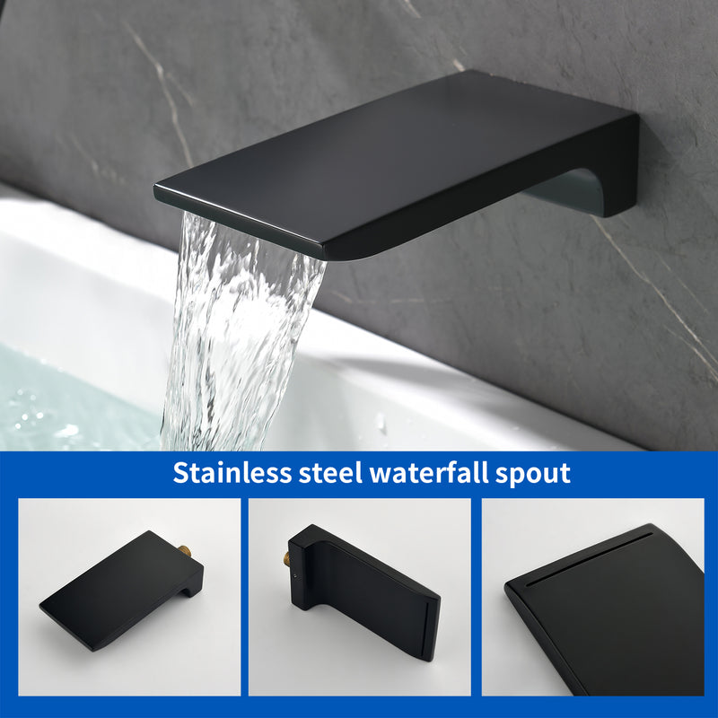 Bath and Shower Faucet Set with Pressure Balance Valve, 8 Inch Rain Shower Head and Waterfall Spout in Matte Black, Brushed Nickel, Brushed Gold Finish