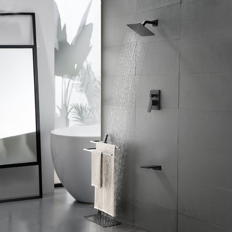 Bath and Shower Faucet Set with Pressure Balance Valve, 8 Inch Rain Shower Head and Waterfall Spout in Matte Black, Brushed Nickel, Brushed Gold Finish